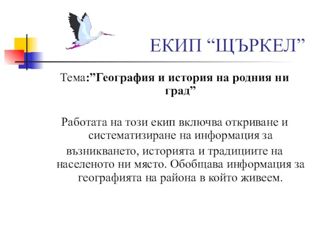 ЕКИП “ЩЪРКЕЛ” Тема:”География и история на родния ни град” Работата на този