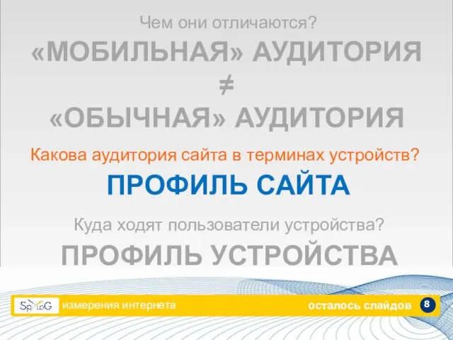 измерения интернета «МОБИЛЬНАЯ» АУДИТОРИЯ ≠ «ОБЫЧНАЯ» АУДИТОРИЯ Чем они отличаются? 8 ПРОФИЛЬ