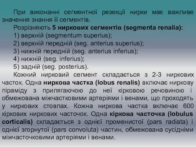 При виконанні сегментної резекції нирки має важливе значення знання її сегментів. Розрізняють