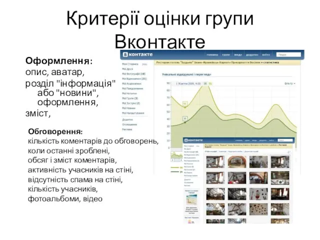 Критерії оцінки групи Вконтакте Оформлення: опис, аватар, розділ "інформація" або "новини", оформлення,