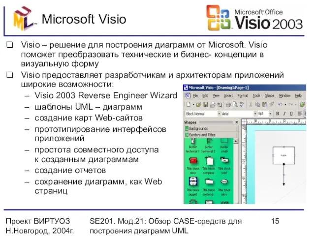 Проект ВИРТУОЗ Н.Новгород, 2004г. SE201. Мод.21: Обзор CASE-средств для построения диаграмм UML