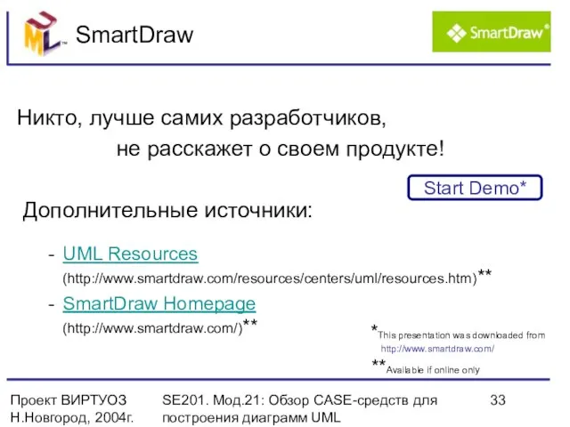 Проект ВИРТУОЗ Н.Новгород, 2004г. SE201. Мод.21: Обзор CASE-средств для построения диаграмм UML