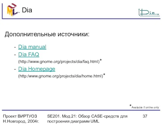 Проект ВИРТУОЗ Н.Новгород, 2004г. SE201. Мод.21: Обзор CASE-средств для построения диаграмм UML