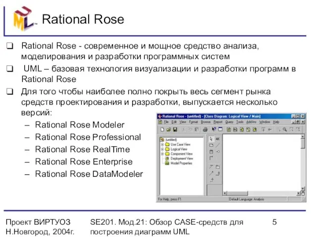 Проект ВИРТУОЗ Н.Новгород, 2004г. SE201. Мод.21: Обзор CASE-средств для построения диаграмм UML