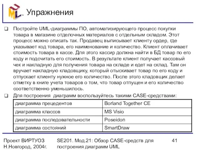 Проект ВИРТУОЗ Н.Новгород, 2004г. SE201. Мод.21: Обзор CASE-средств для построения диаграмм UML