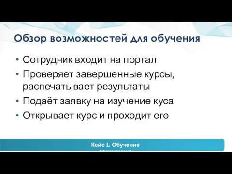 Обзор возможностей для обучения Сотрудник входит на портал Проверяет завершенные курсы, распечатывает