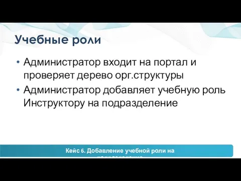 Учебные роли Администратор входит на портал и проверяет дерево орг.структуры Администратор добавляет