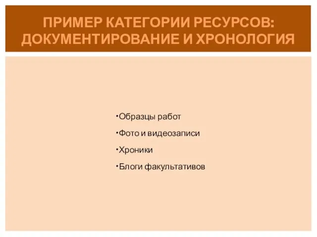 Образцы работ Фото и видеозаписи Хроники Блоги факультативов ПРИМЕР КАТЕГОРИИ РЕСУРСОВ: ДОКУМЕНТИРОВАНИЕ И ХРОНОЛОГИЯ