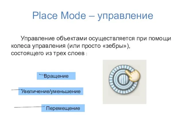 Place Mode – управление Управление объектами осуществляется при помощи колеса управления (или