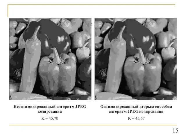 Визуальное улучшение после оптимизации Неоптимизированный алгоритм JPEG кодирования K = 45,70 Оптимизированный