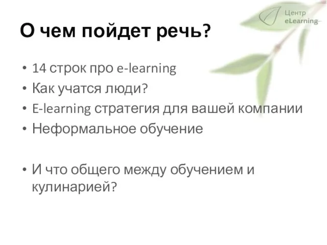 О чем пойдет речь? 14 строк про e-learning Как учатся люди? E-learning