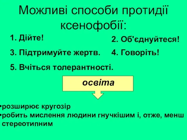 Можливі способи протидії ксенофобії: 1. Дійте! 2. Об'єднуйтеся! 3. Підтримуйте жертв. 4.