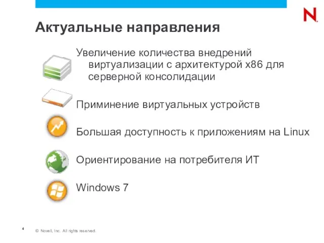 Актуальные направления Увеличение количества внедрений виртуализации с архитектурой x86 для серверной консолидации