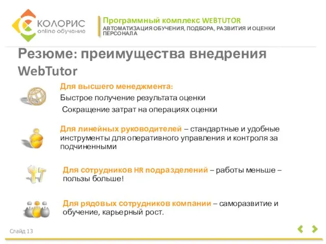 Программный комплекс WEBTUTOR АВТОМАТИЗАЦИЯ ОБУЧЕНИЯ, ПОДБОРА, РАЗВИТИЯ И ОЦЕНКИ ПЕРСОНАЛА Слайд 13