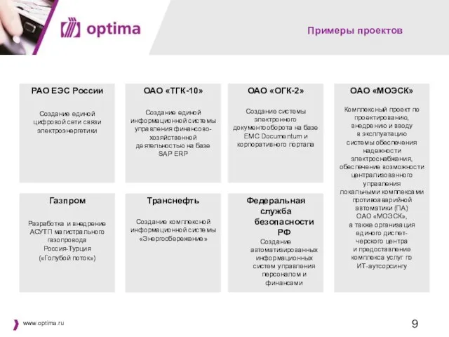 Примеры проектов Транснефть Создание комплексной информационной системы «Энергосбережение» Газпром Разработка и внедрение