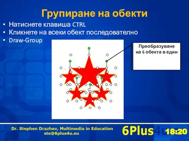 Групиране на обекти Натиснете клавиша CTRL Кликнете на всеки обект последователно Draw-Group