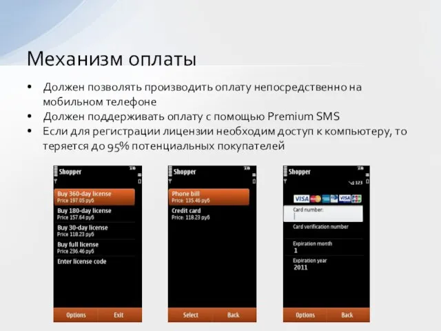 Должен позволять производить оплату непосредственно на мобильном телефоне Должен поддерживать оплату с