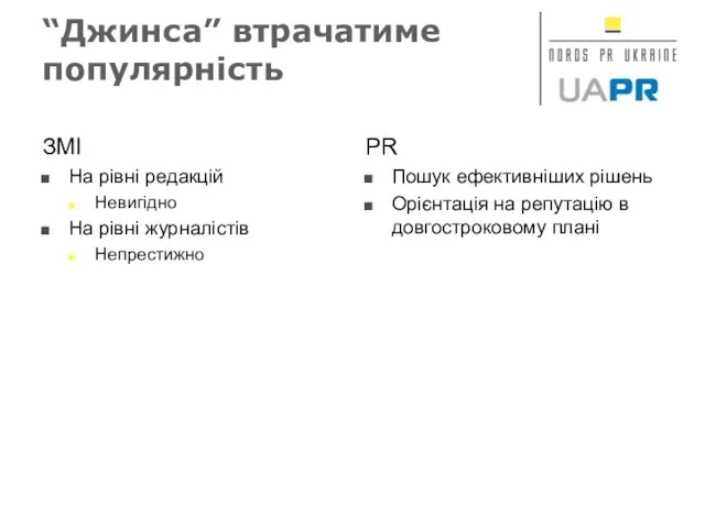 “Джинса” втрачатиме популярність ЗМІ На рівні редакцій Невигідно На рівні журналістів Непрестижно