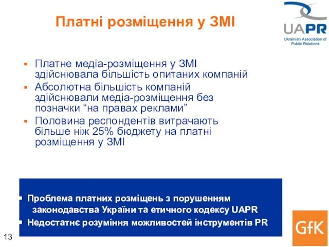 Платні розміщення у ЗМІ Платне медіа-розміщення у ЗМІ здійснювала більшість опитаних компаній