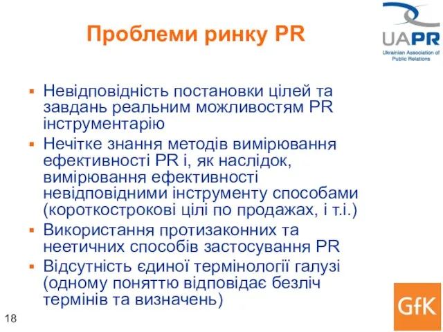 Проблеми ринку PR Невідповідність постановки цілей та завдань реальним можливостям PR інструментарію