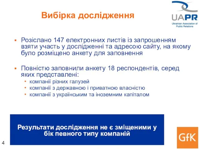 Вибірка дослідження Розіслано 147 електронних листів із запрошенням взяти участь у дослідженні