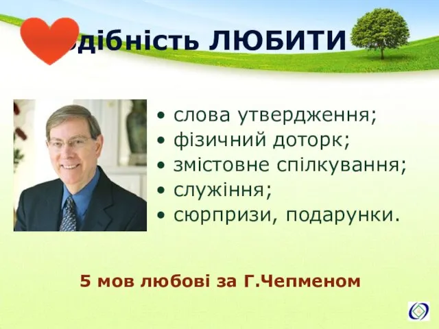 Здібність ЛЮБИТИ 5 мов любові за Г.Чепменом слова утвердження; фізичний доторк; змістовне спілкування; служіння; сюрпризи, подарунки.