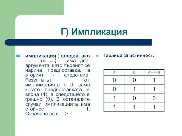 Г) Импликация импликация ( следва, ако … , то …) - има