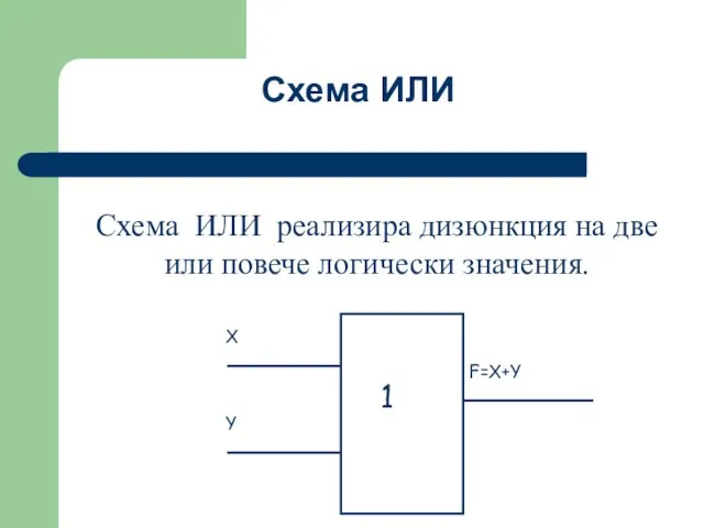 Схема ИЛИ реализира дизюнкция на две или повече логически значения. Схема ИЛИ