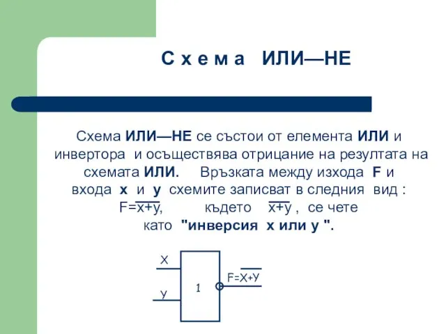 Схема ИЛИ—НЕ се състои от елемента ИЛИ и инвертора и осъществява отрицание