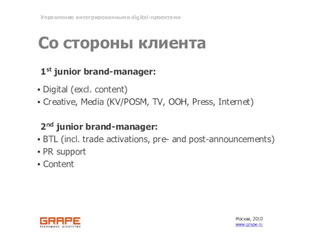 Со стороны клиента 1st junior brand-manager: Digital (excl. content) Creative, Media (KV/POSM,