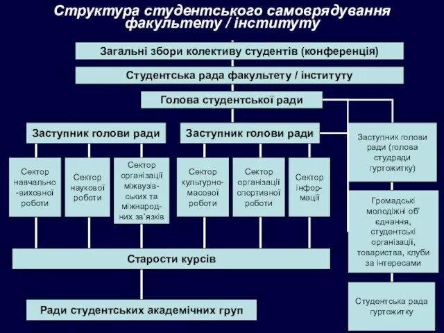 Структура студентського самоврядування факультету / інституту Загальні збори колективу студентів (конференція) Студентська