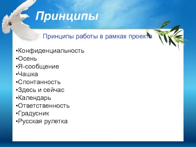 Принципы Принципы работы в рамках проекта Конфиденциальность Осень Я-сообщение Чашка Спонтанность Здесь