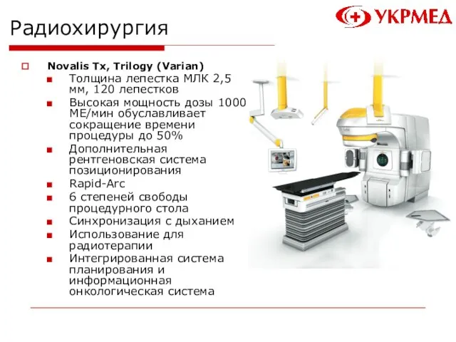 Радиохирургия Novalis Tx, Trilogy (Varian) Толщина лепестка МЛК 2,5 мм, 120 лепестков