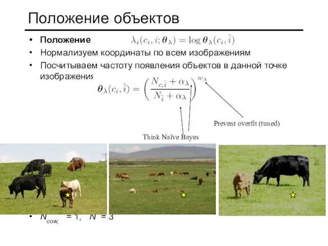 Положение объектов Положение Нормализуем координаты по всем изображениям Посчитываем частоту появления объектов