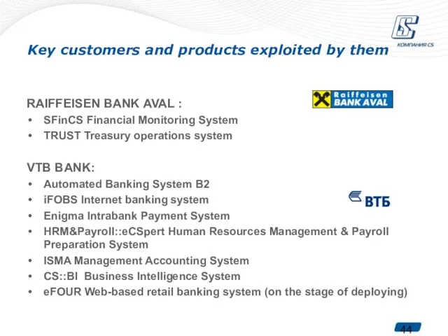 Key customers and products exploited by them RAIFFEISEN BANK AVAL : SFinCS