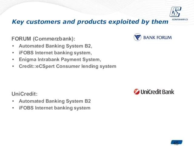 Key customers and products exploited by them FORUM (Commerzbank): Automated Banking System