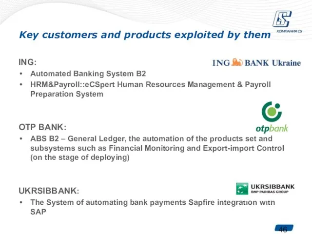 Key customers and products exploited by them ING: Automated Banking System B2