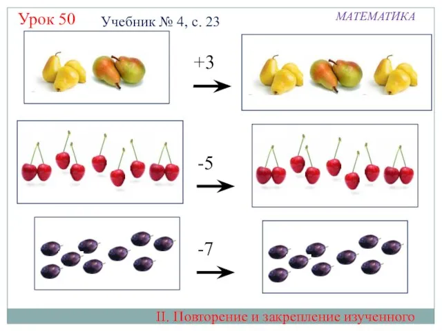 +3 -5 -7 Урок 50 МАТЕМАТИКА II. Повторение и закрепление изученного Учебник № 4, с. 23