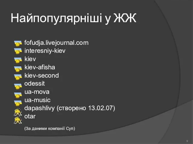 Найпопулярніші у ЖЖ fofudja.livejournal.com interesniy-kiev kiev kiev-afisha kiev-second odessit ua-mova ua-music dapashlivy