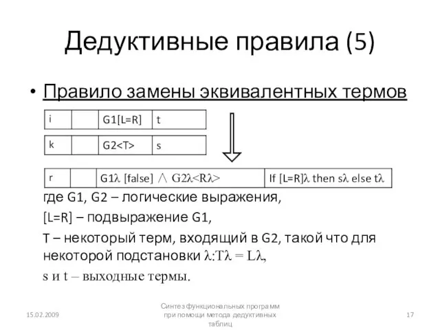 Дедуктивные правила (5) Правило замены эквивалентных термов где G1, G2 – логические