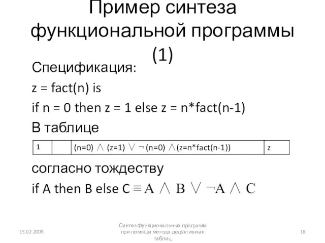 Пример синтеза функциональной программы (1) Спецификация: z = fact(n) is if n