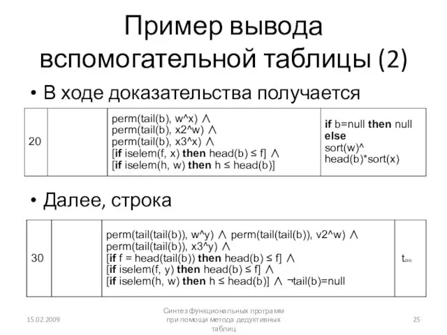 Пример вывода вспомогательной таблицы (2) В ходе доказательства получается строка Далее, строка