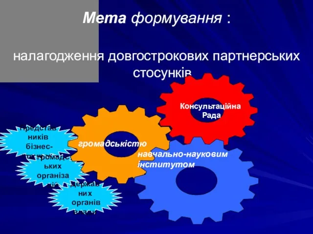 Мета формування : налагодження довгострокових партнерських стосунків Представників бізнес-структур Державних органів влади