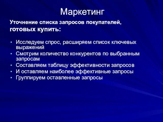 Маркетинг Уточнение списка запросов покупателей, готовых купить: Исследуем спрос, расширяем список ключевых