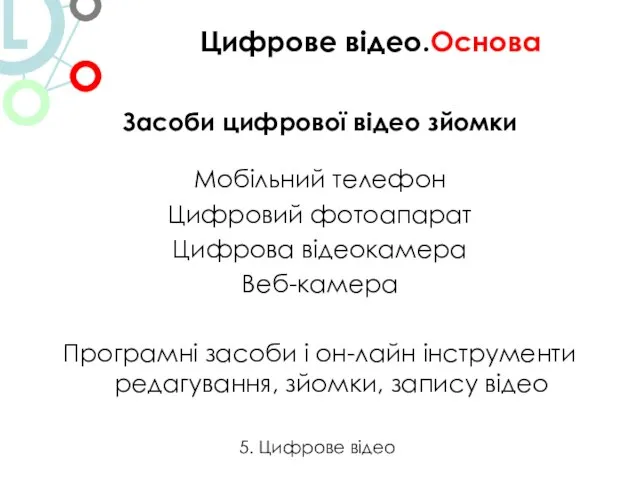 Засоби цифрової відео зйомки Мобільний телефон Цифровий фотоапарат Цифрова відеокамера Веб-камера Програмні