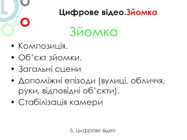 Зйомка Композиція. Об’єкт зйомки. Загальні сцени Допоміжні епізоди (вулиці, обличчя, руки, відповідні