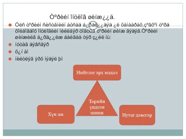 Òºðèéí îíöëîã øèíæ¿¿ä. Óëñ òºðèéí ñèñòåìèéí áóñàä á¿ðäë¿¿äýä ¿ë õàìààðàõ,çºâõºí òºðä õîëáîãäîõ