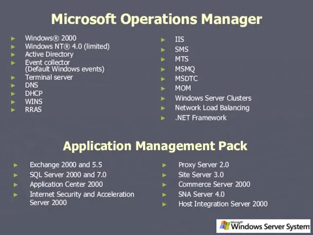 Microsoft Operations Manager Windows® 2000 Windows NT® 4.0 (limited) Active Directory Event