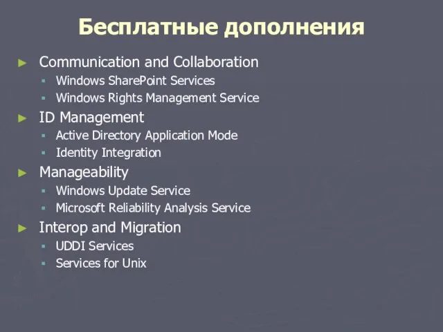 Бесплатные дополнения Communication and Collaboration Windows SharePoint Services Windows Rights Management Service