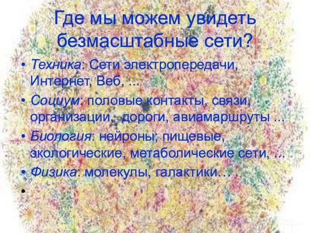 Где мы можем увидеть безмасштабные сети? Техника: Сети электропередачи, Интернет, Веб, ...